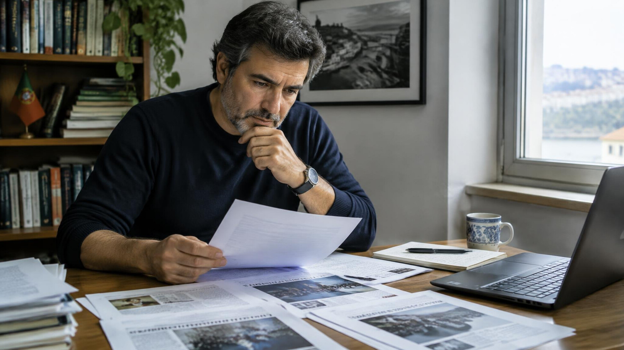 Editor reading through printed reports at a wooden desk