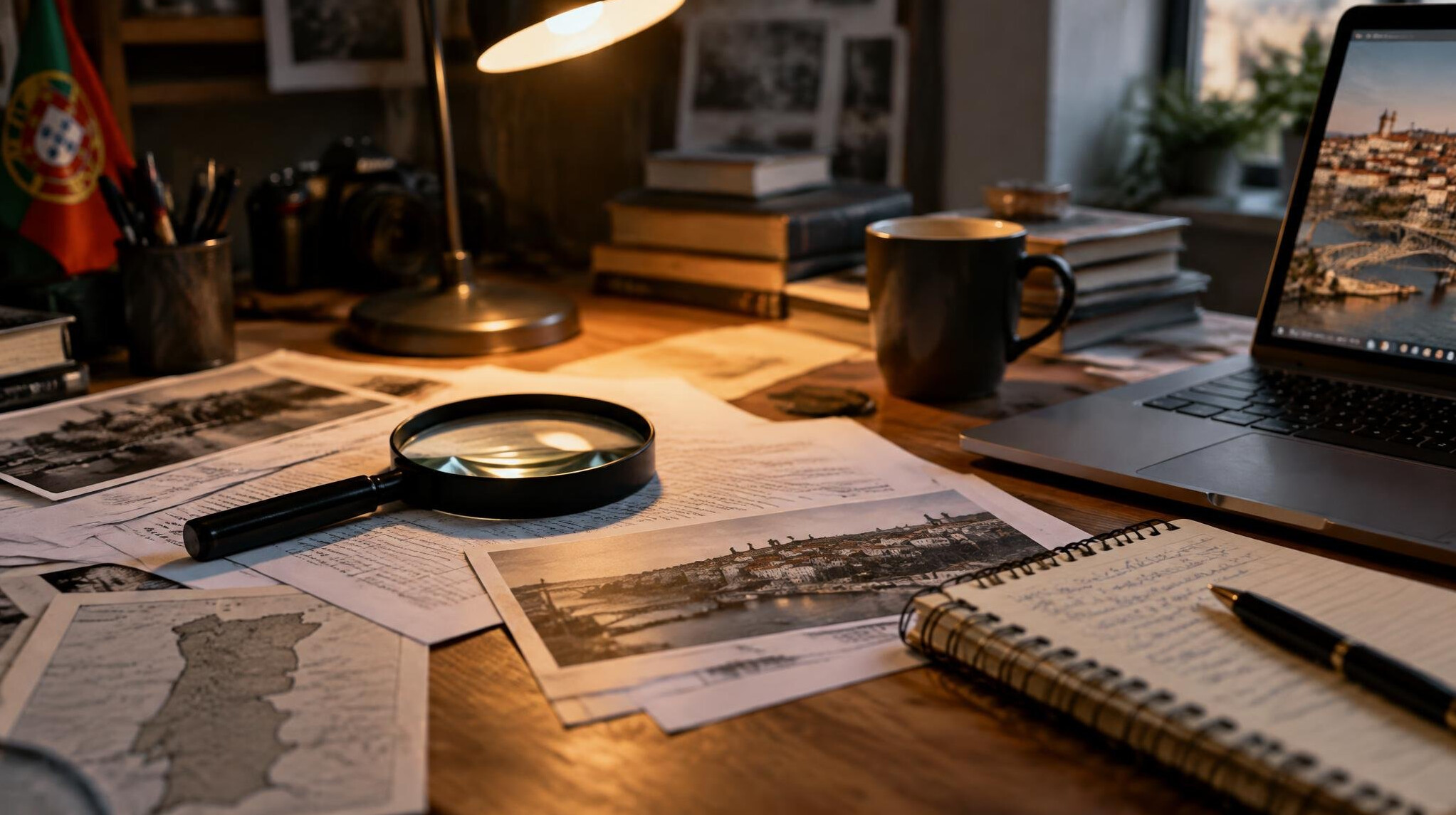 Journalist reviewing documents and evidence on a desk